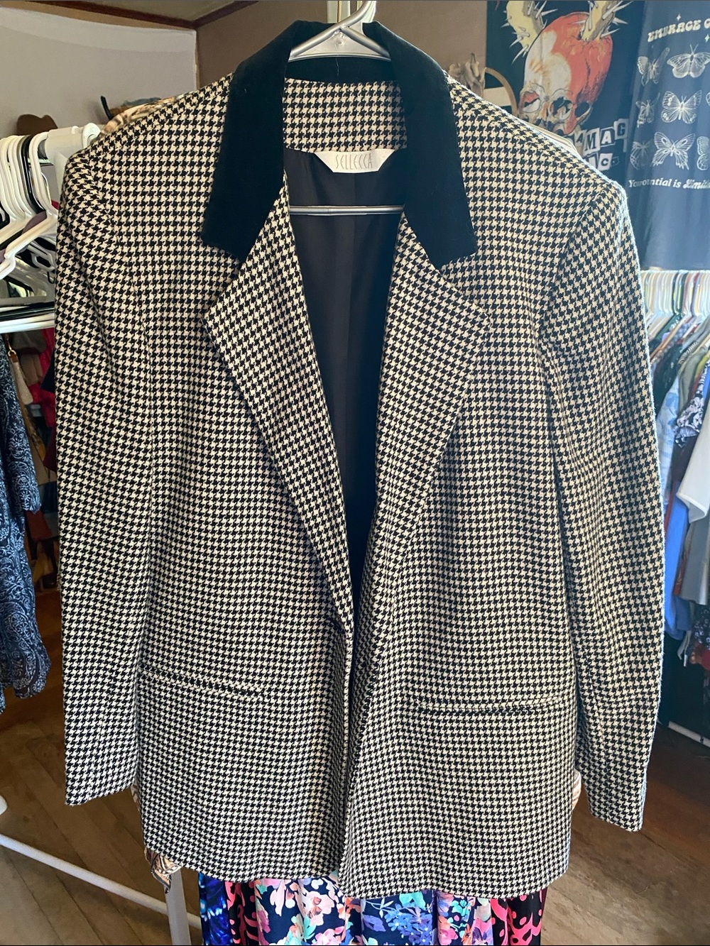 Tailored Houndstooth Patchwork Blazer Jacket - Black & White